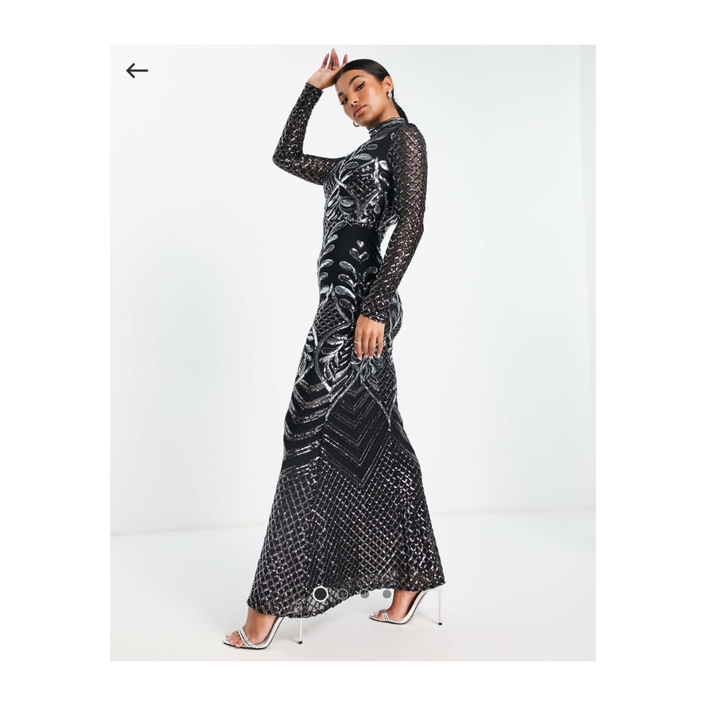 BRAND NEW Long Sleeved Embroidered High Neck Maxi Dress - black and silver